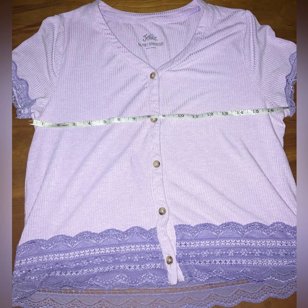 Justice Button-Front Lavender Lace Trim Cardigan